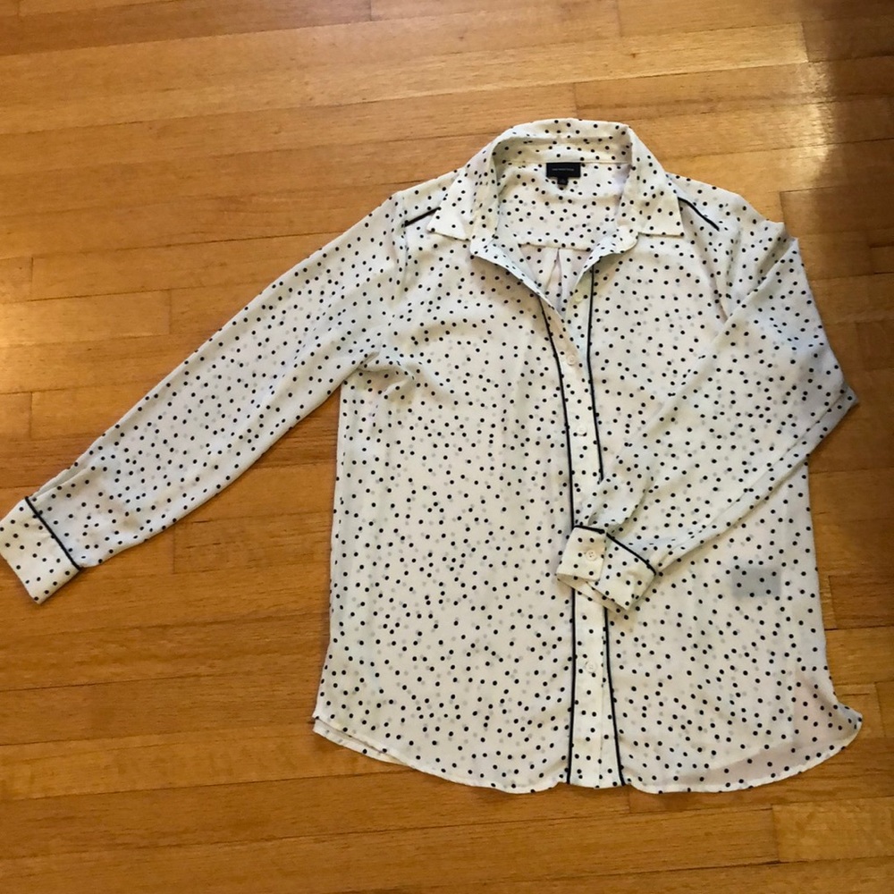 Black + white polka dot long sleeve button blouse